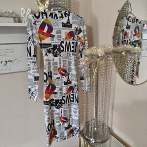 Newspaper Print Urban Rose Dress with Colorful Kite Motifs